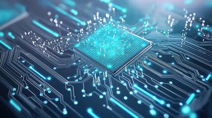 High Tech Circuit Board With Glowing Chip