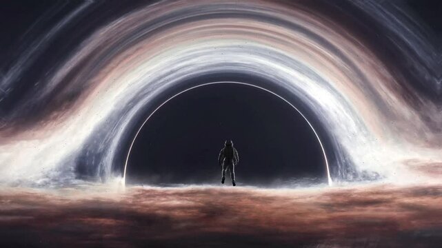 3D rendered animated film showing black hole and astronaut. Science fiction visualization movie. High quality realistic 4K vfx
