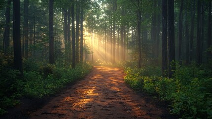 Naklejka premium Sunrise path through misty forest, tranquil scene, perfect for nature wallpaper