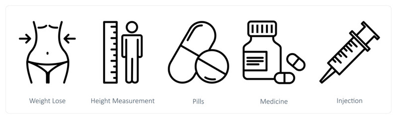 A set of 5 medical icons as weight lose, height measurement, pills