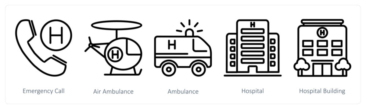 A set of 5 medical icons as emergency calll, air ambulance, ambulance