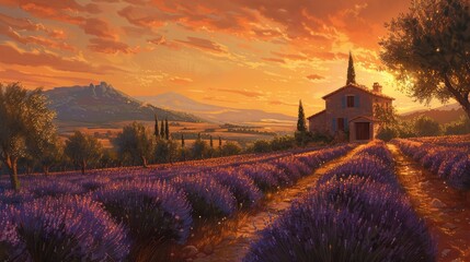 A small house in the middle of lavender fields at sunset