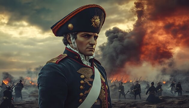Portrait of Napoleon Bonaparte with battle scene in background