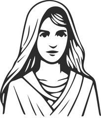 Icon of a woman in ancient clothing, image of a historical figure, black line.