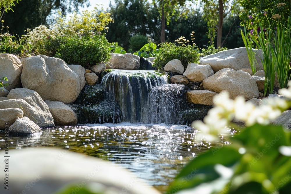 Poster waterfall cascading over rocks in a serene garden setting filled with green plants and blooming flow