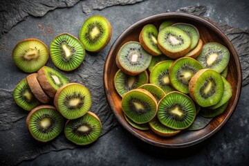 Fresh Kiwi, Dried Kiwi Flat Lay: Dark Grey Background Architectural Photography