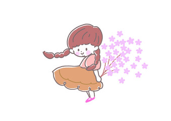 桜のブーケを持ちこちらを見て微笑むスカートのおさげの女の子　春　4月　背景桜

