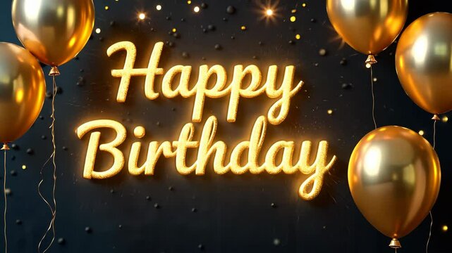 Animated golden happy birthday text on festive black background, festive, party video card, birthday greetings, event poster, birthday celebration.