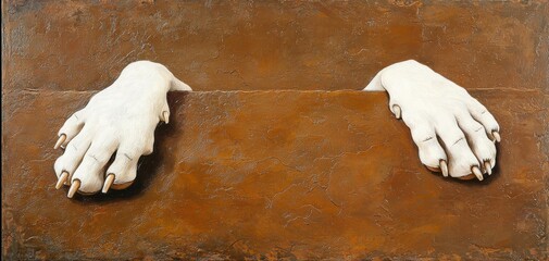 Artistic focus on white and dark brown dog paws, resting on a textured brown surface, evoking comfort and unconditional love