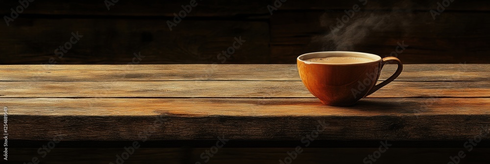 Poster Warm coffee cup with rising steam placed on a rustic wooden table creating a cozy atmosphere in the morning light. Generative AI