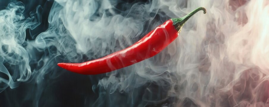 Close-up of a bold red chili pepper emerging through soft, billowing smoke, symbolizing heat and intensity
