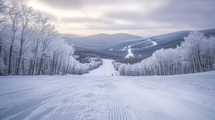 Snowy mountain landscapes with ski slopes and frost-covered trees