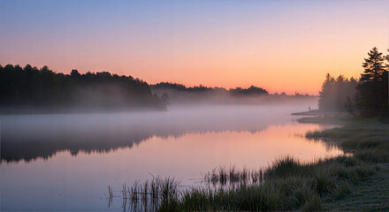Fototapeta premium A serene Easter sunrise over a peaceful landscape, with soft golden rays illuminating a tranquil lake and the surrounding forests.