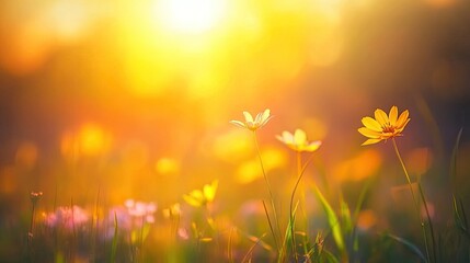 Soft focus of a sunset field with yellow flowers and tall grass in warm golden light, with a blurred forest backdrop