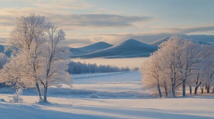 Obraz premium Snowy winter landscape with frosted trees and distant mountains