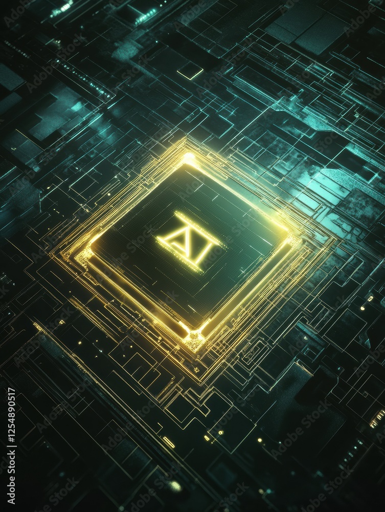 Aufkleber Microchip technology showcased in intricate circuit designs with glowing elements during a futuristic display. Generative AI