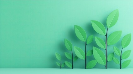 A collection of green leaves on a teal background, symbolizing nature and growth in a minimalist design.