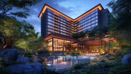 Obraz premium Luxury Hotel nestled in serene landscape at night