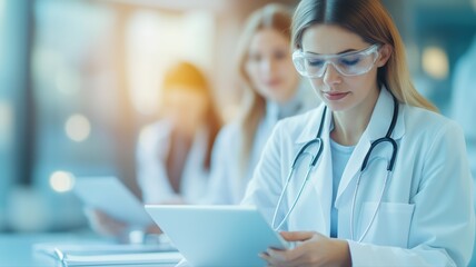 Diverse group of dermatologists and microbiologists collaborating on innovative healthcare and skin care solutions in a modern laboratory.