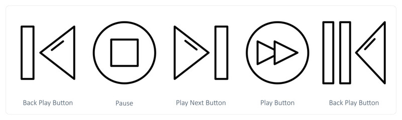 A set of 5 music icons as back play button, pause, play next button