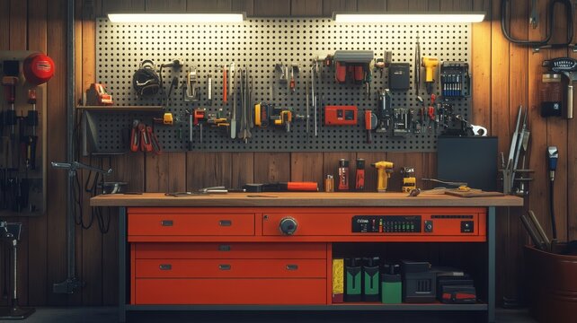 Organized workshop with tools on a pegboard and wooden workbench