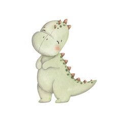 Dinosaurs Birthday Party. Watercolor hand-drawn illustration with baby dino and birthday blower horn.