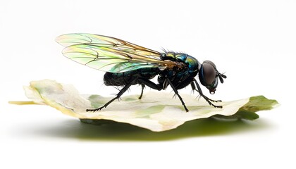 Macro shot of a metallic blue green bottle fly perched