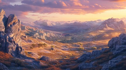 Obraz premium Stunning landscape of rocky valleys under the soft light of sunrise