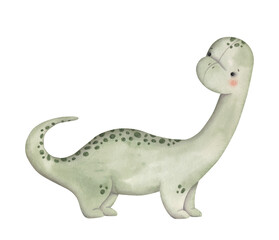 Dinosaurs Birthday Party. Watercolor hand-drawn illustration with baby dino and balloons on the tail.