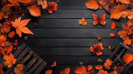 Orange leaves serve as the background for an autumnal wood table.