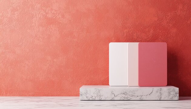 Contemporary branding concept with coral and white cards displayed on a marble-textured platform, accented by warm red and blush tones