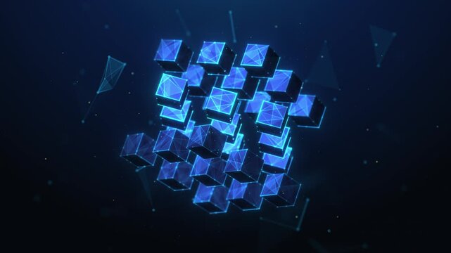 Lowpoly Animation of Blockchain Cubes Spinning in Center. Blockchain technology and cryptocurrency fintech solution animated looped concept by wireframe mesh on blue background