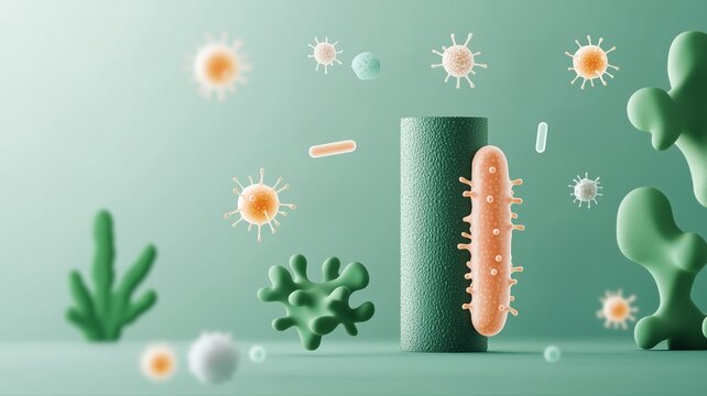 Colorful 3d illustration of microbes and bacteria in a creative sty style infographic over a soft green background. Skin microbiome concept.