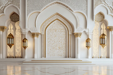 Photo Luxurious Islamic Arch  Lanterns on Elegant White Gold Background