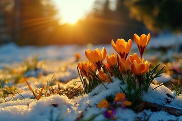 Flores de azafrán emergiendo entre la nieve al amanecer, simbolizando la llegada de la primavera