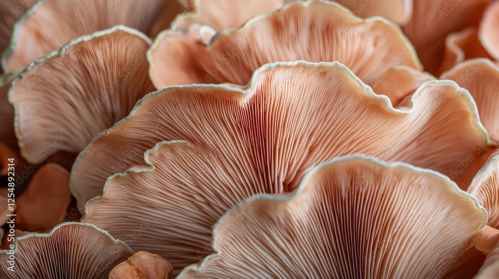 Poster rich layers of delicate mushrooms display their intricate patterns in warm hues, nestled among falle