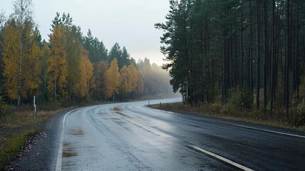 Fototapeta premium Rainy Autumn Forest Road With Wet Asphalt