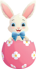 A happy rabbit peeks out of an Easter egg during the Easter celebration. Vector illustration.