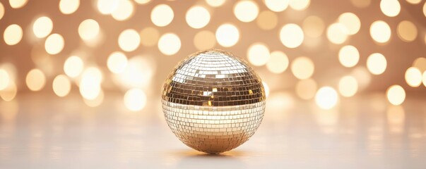Fototapeta premium Elegant golden mirrored ball shimmering in natural light, surrounded by soft bokeh of festive string lights in the background