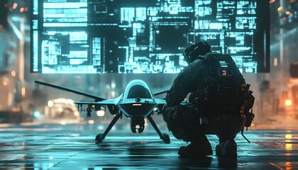 Military soldier squats near drone in futuristic environment looking ahead