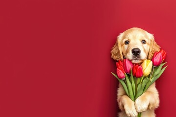 Fluffy golden retriever puppy holding a bouquet of vibrant tulips, exuding cuteness and warmth against a deep red backdrop