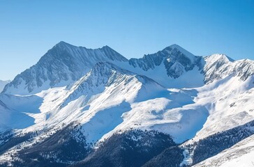 Obraz premium Snow-Capped Mountain Range Under Clear Blue Sky with Majestic Peaks 