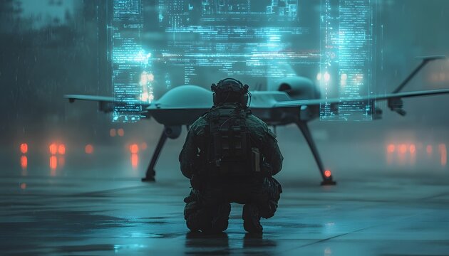 Soldier overseeing military drone while data streams in the background - Powered by Adobe