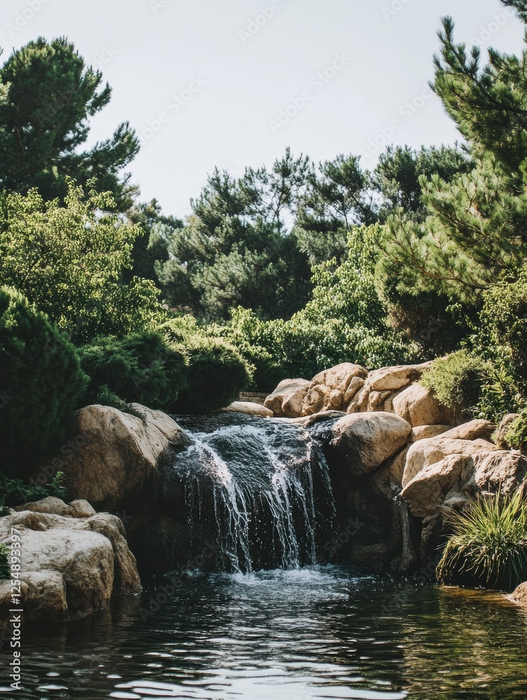 Aufkleber tranquil waterfall cascades into serene pond surrounded by lush greenery and trees on a sunny day. g