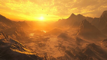 Naklejka premium Sunset casting golden hues over rugged mountain landscapes