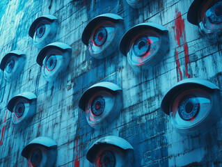 A multiple eye-shaped security camera hanging on a vintage wall. Big brother is watching you. Total control, conspiracy concept. Generative Ai