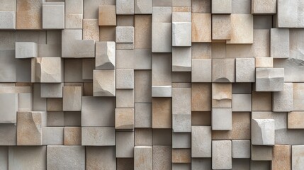 3d stacked beige brick cubes arranged vertically on a wall made of various sized blocks