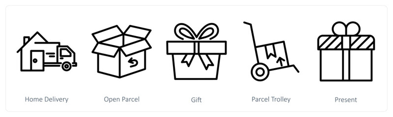 A set of 5 shopping icons as home delivery, open parcel, gift