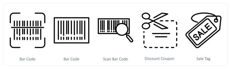 A set of 5 shopping icons as bar code, scan bar code, discount coupon