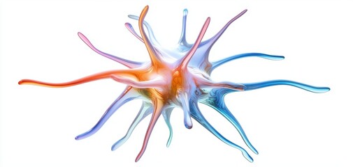 High-detail 3D rendering of a virus particle in vibrant colors, highlighting its complex structure and surface proteins, isolated on white